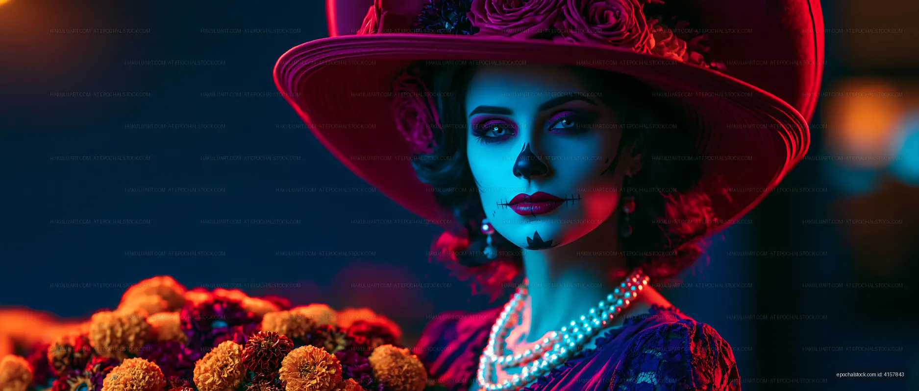 Colorful close-up portrait of woman holding a flower bouquet