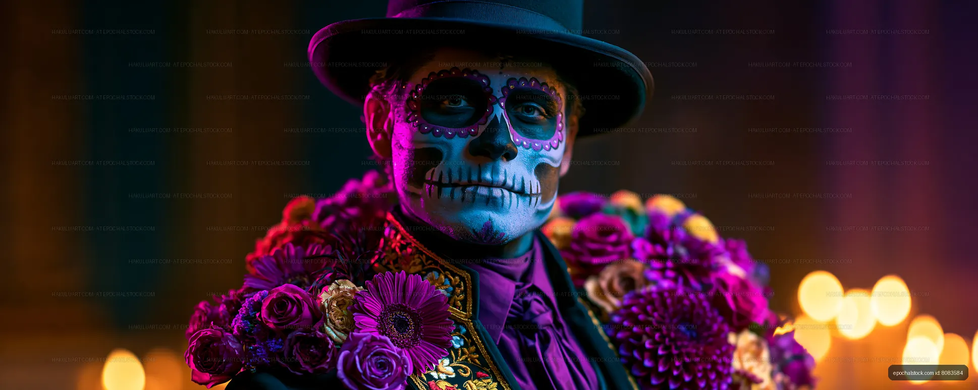 Sugar Skull Portrait Surrounded by Vivid Flowers
