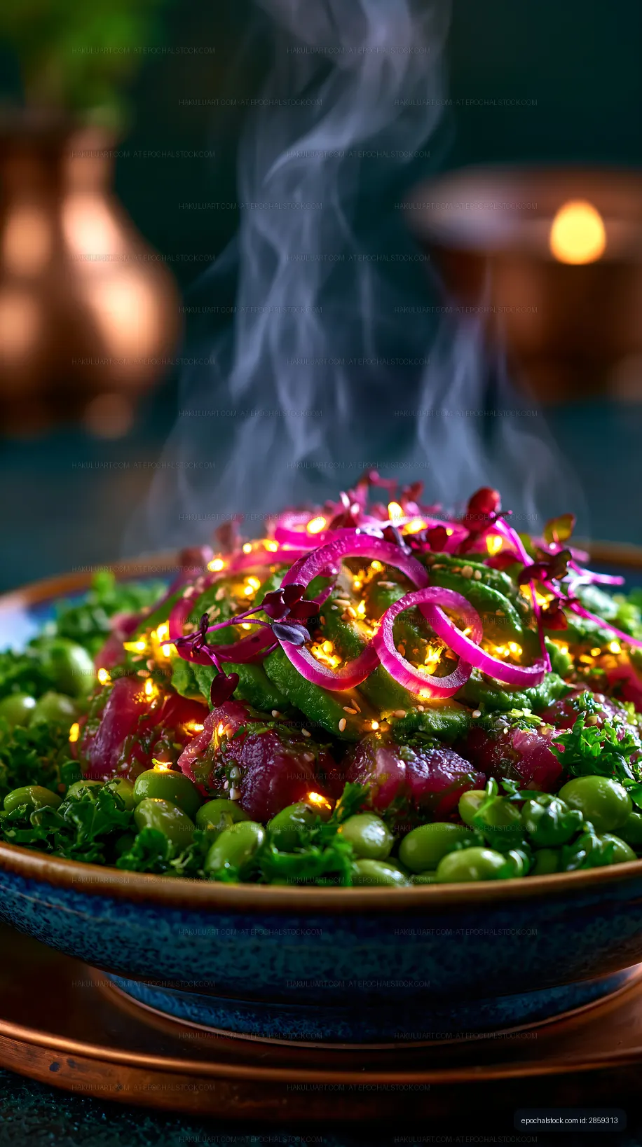 Vibrant vegetable salad in a bowl with steam and lights