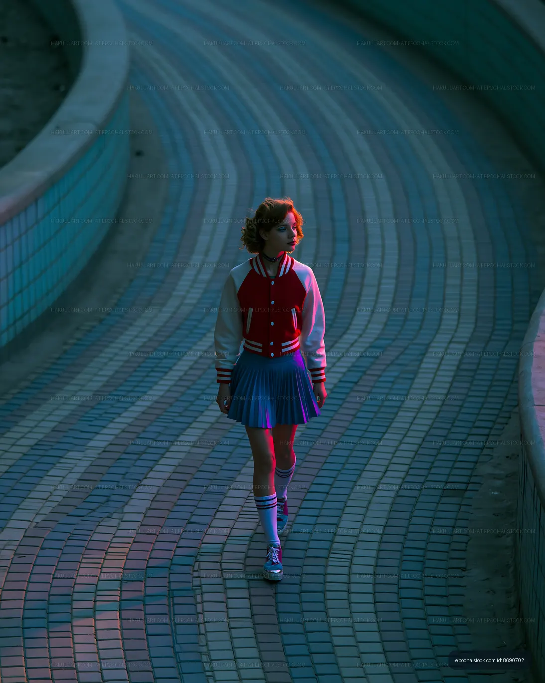 Moody fashion portrait in a curved tiled passage