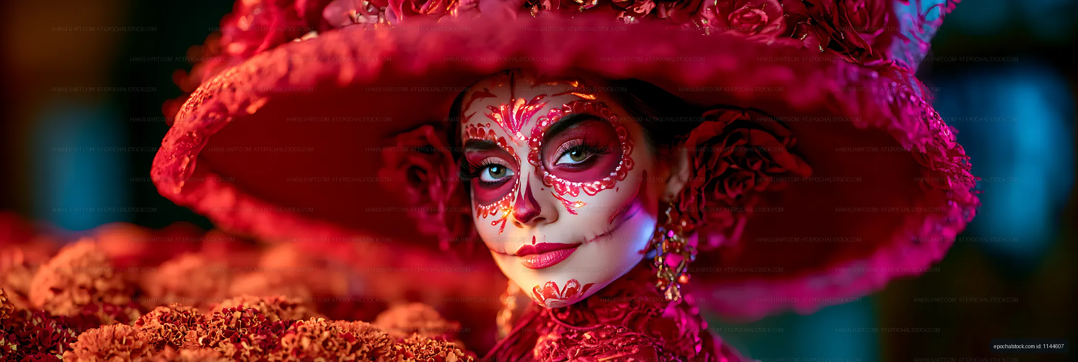 Close portrait of woman wearing sugar skull makeup and flower hat
