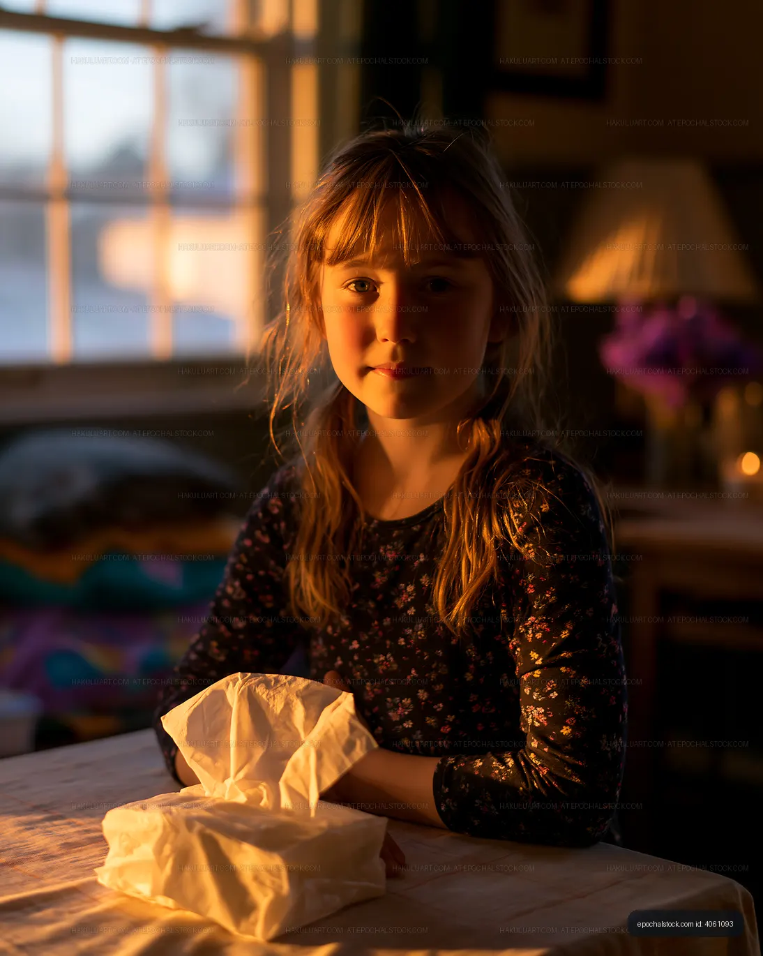 Child sitting at a table with white paper in warm evening light