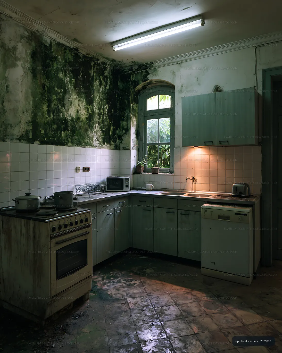 Empty deteriorating kitchen with moldy walls and old appliances