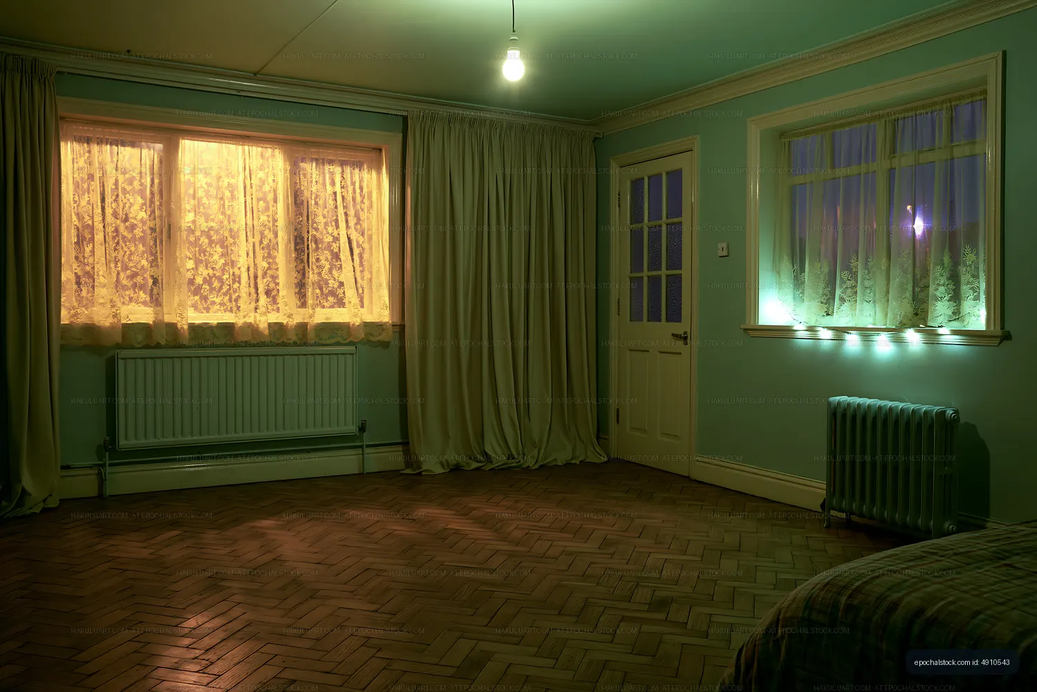 Unfurnished green room with curtains and wooden flooring
