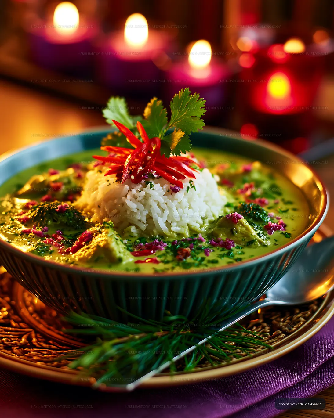 Gourmet green curry with rice and red chili garnish