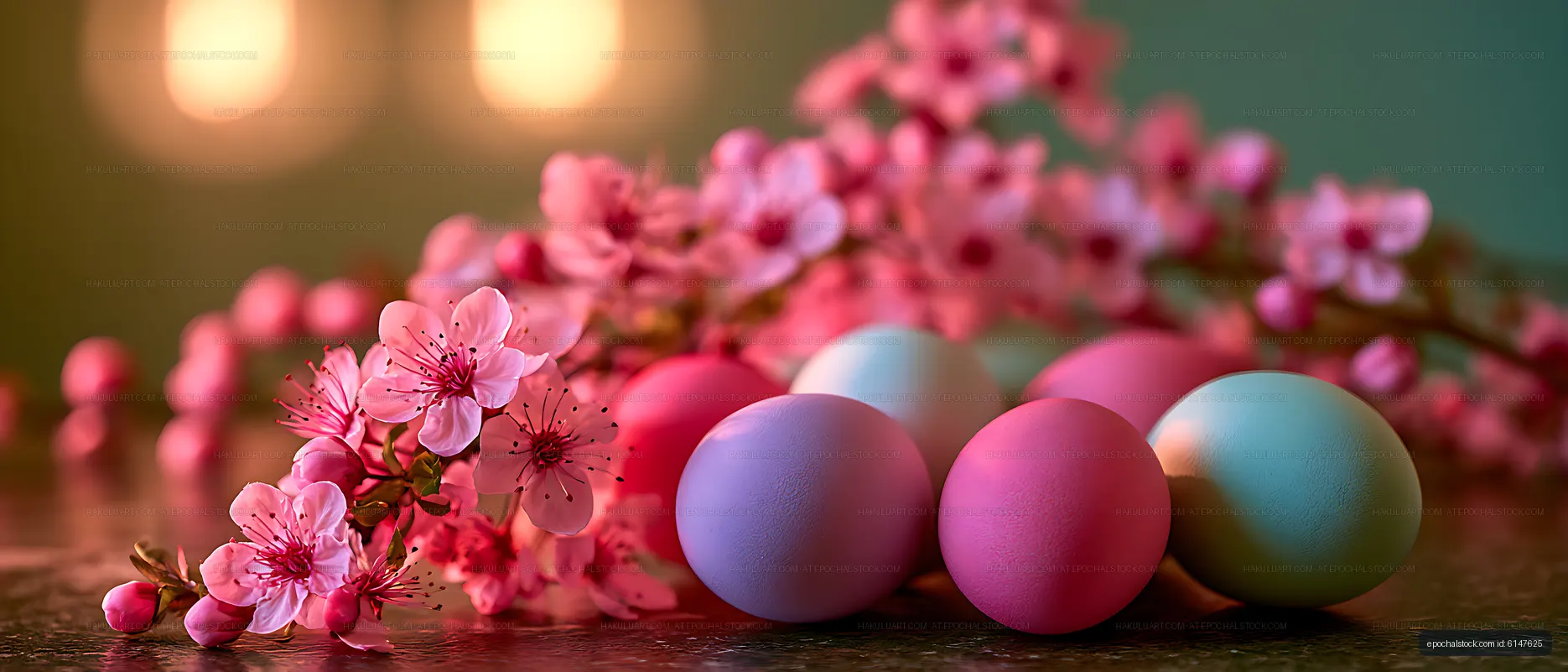 Pink flowering branch with pastel spheres and warm bokeh