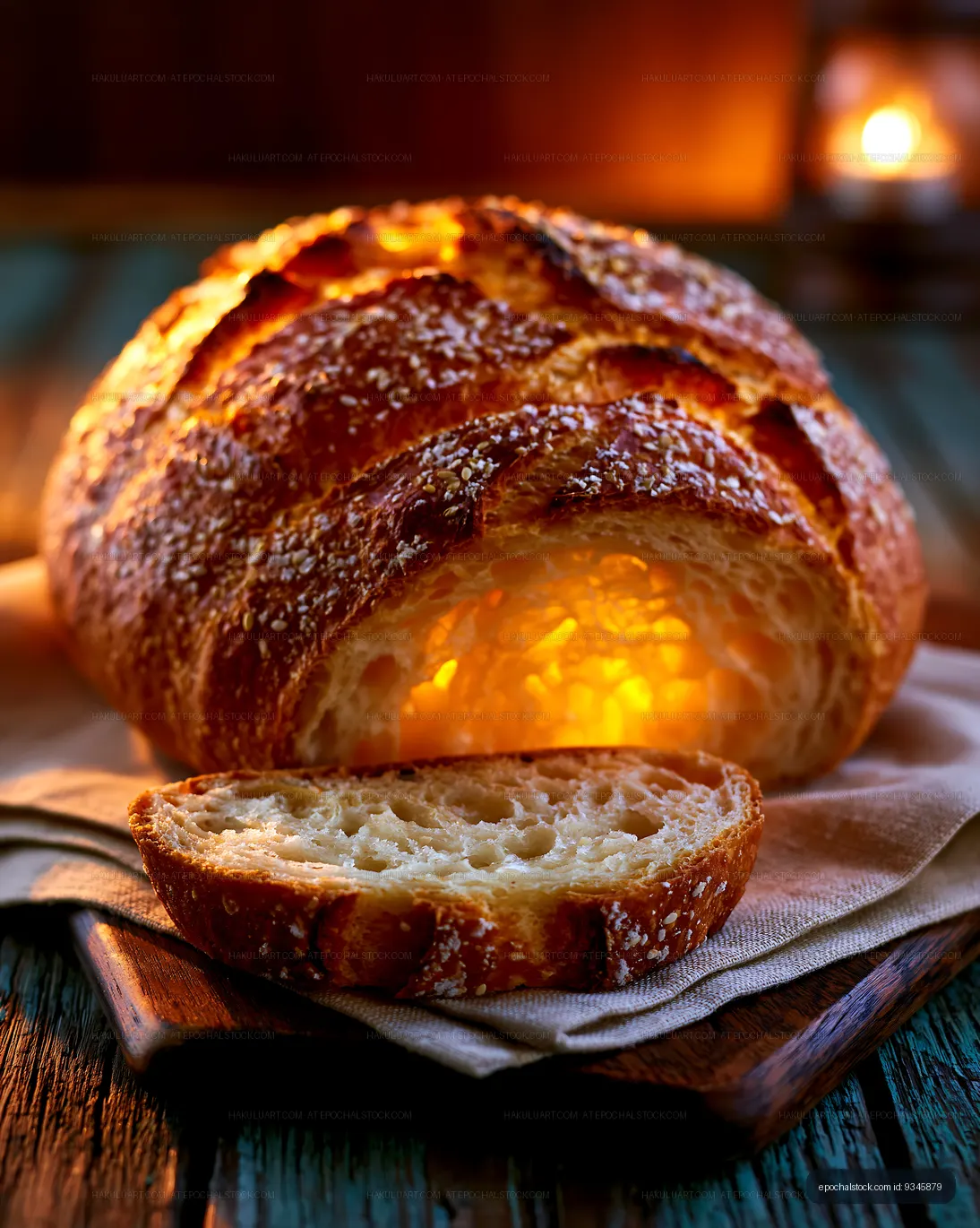 Close-up of seeded artisan bread with sliced piece