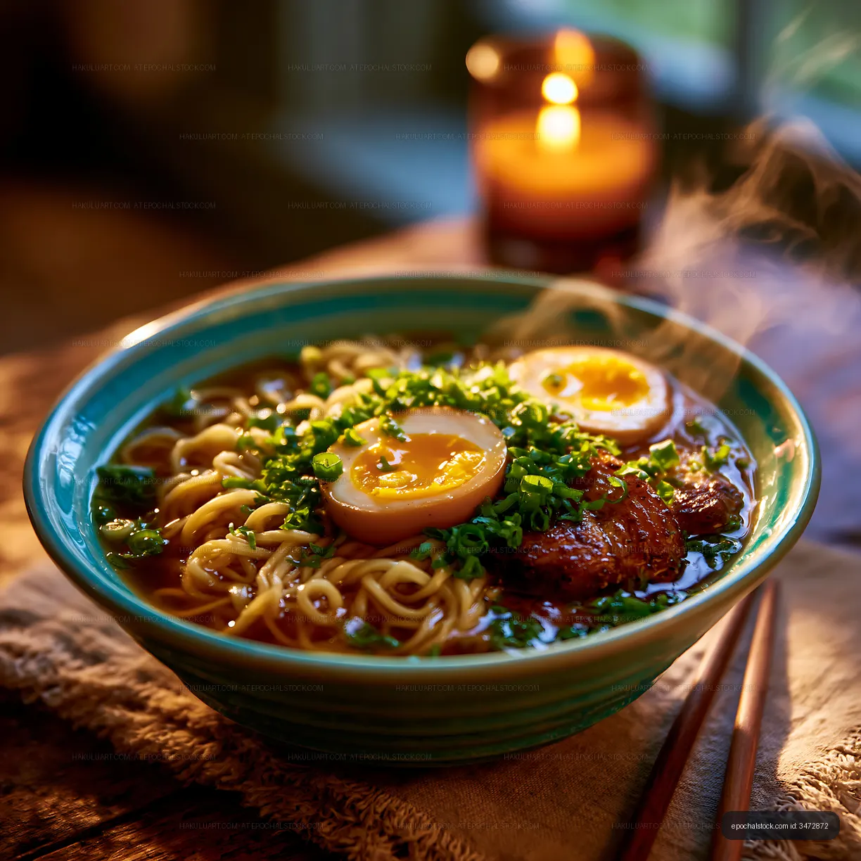 Close-up bowl of ramen with egg and glazed meat