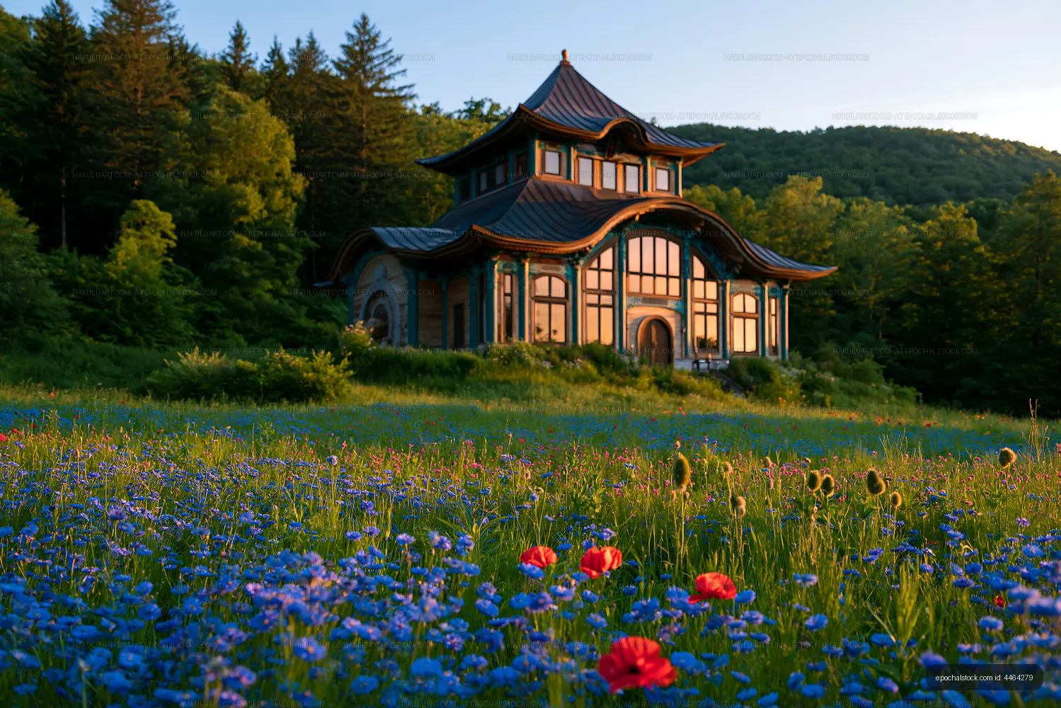Ornate pavilion in a colorful forest meadow