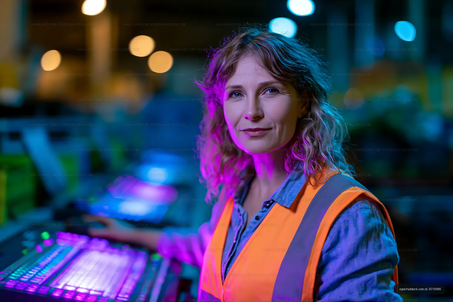 Worker in safety vest near colorful illuminated control equipment