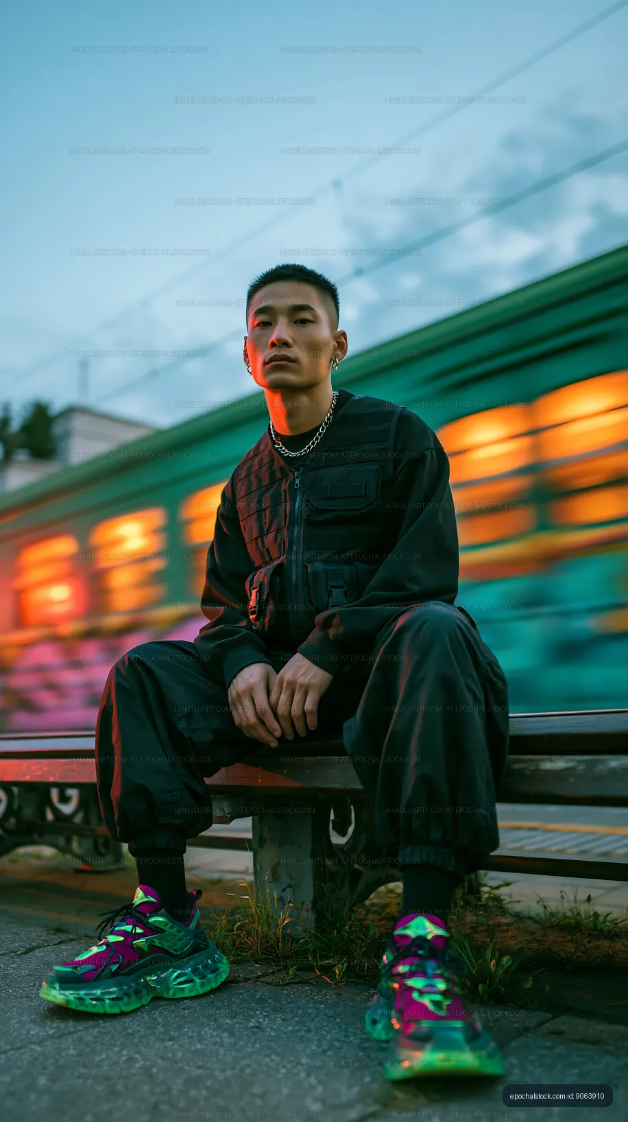 Streetwear portrait of a man seated near a moving train