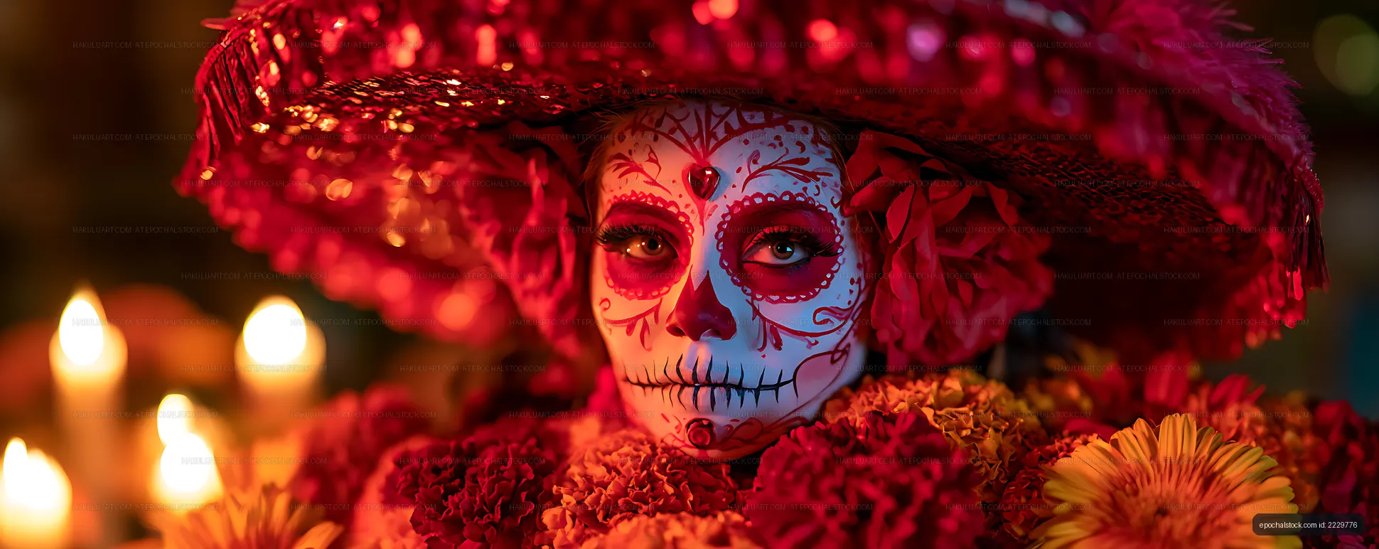 Candlelit portrait with skull face paint and floral decorations