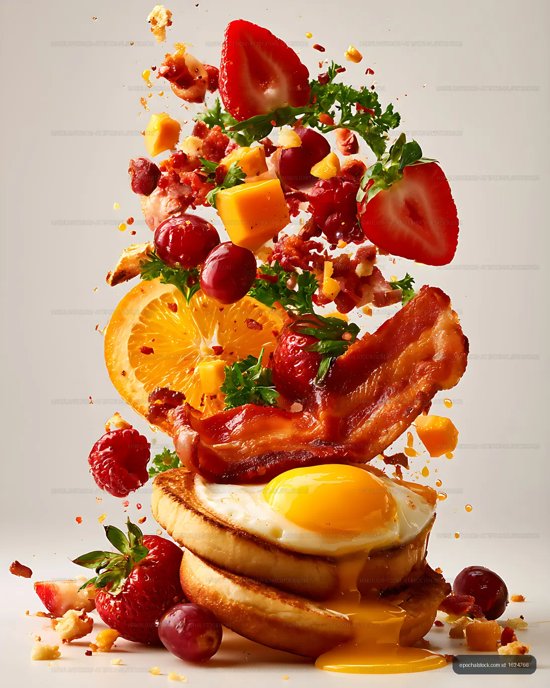 Dramatic breakfast sandwich with egg, bacon, fruit and greens
