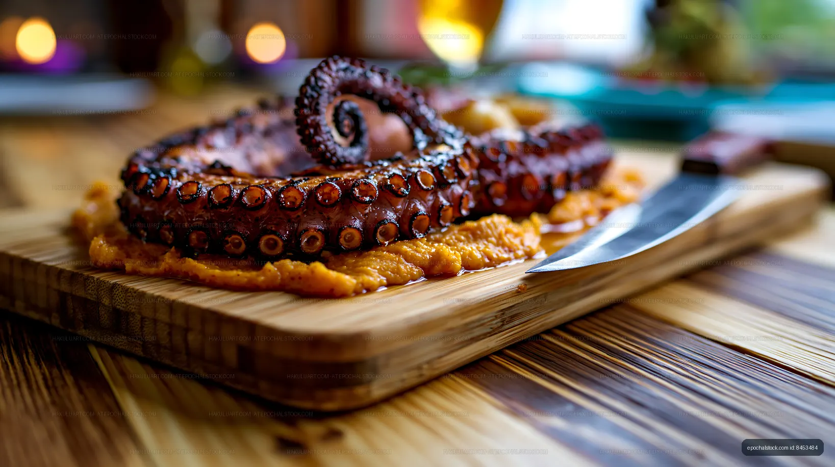 Grilled octopus dish with knife on wooden board