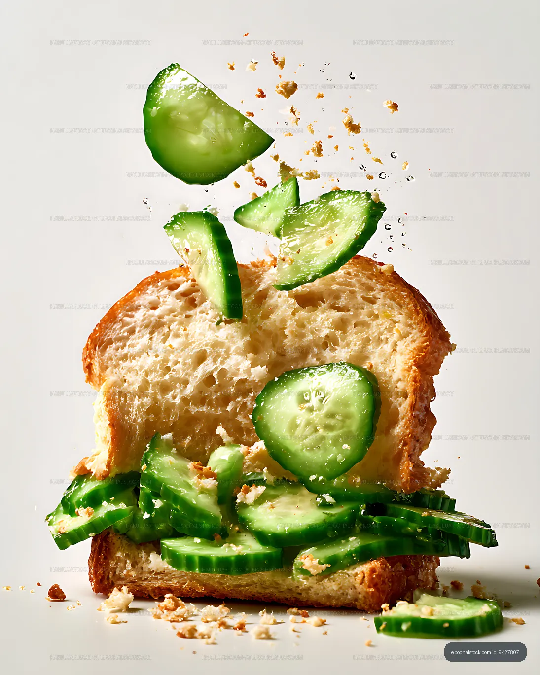 Cucumber sandwich with dynamic flying pieces