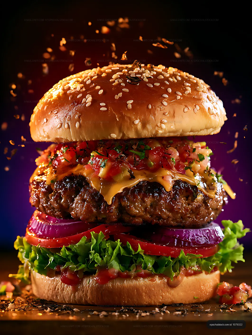 Loaded cheeseburger with sesame bun and melted cheese