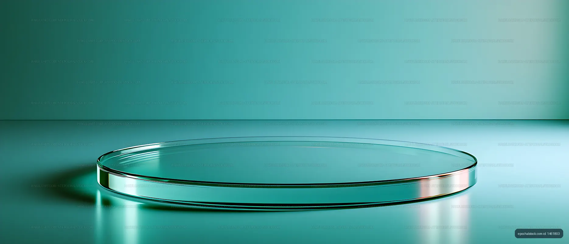 Empty transparent glass disc with teal reflections