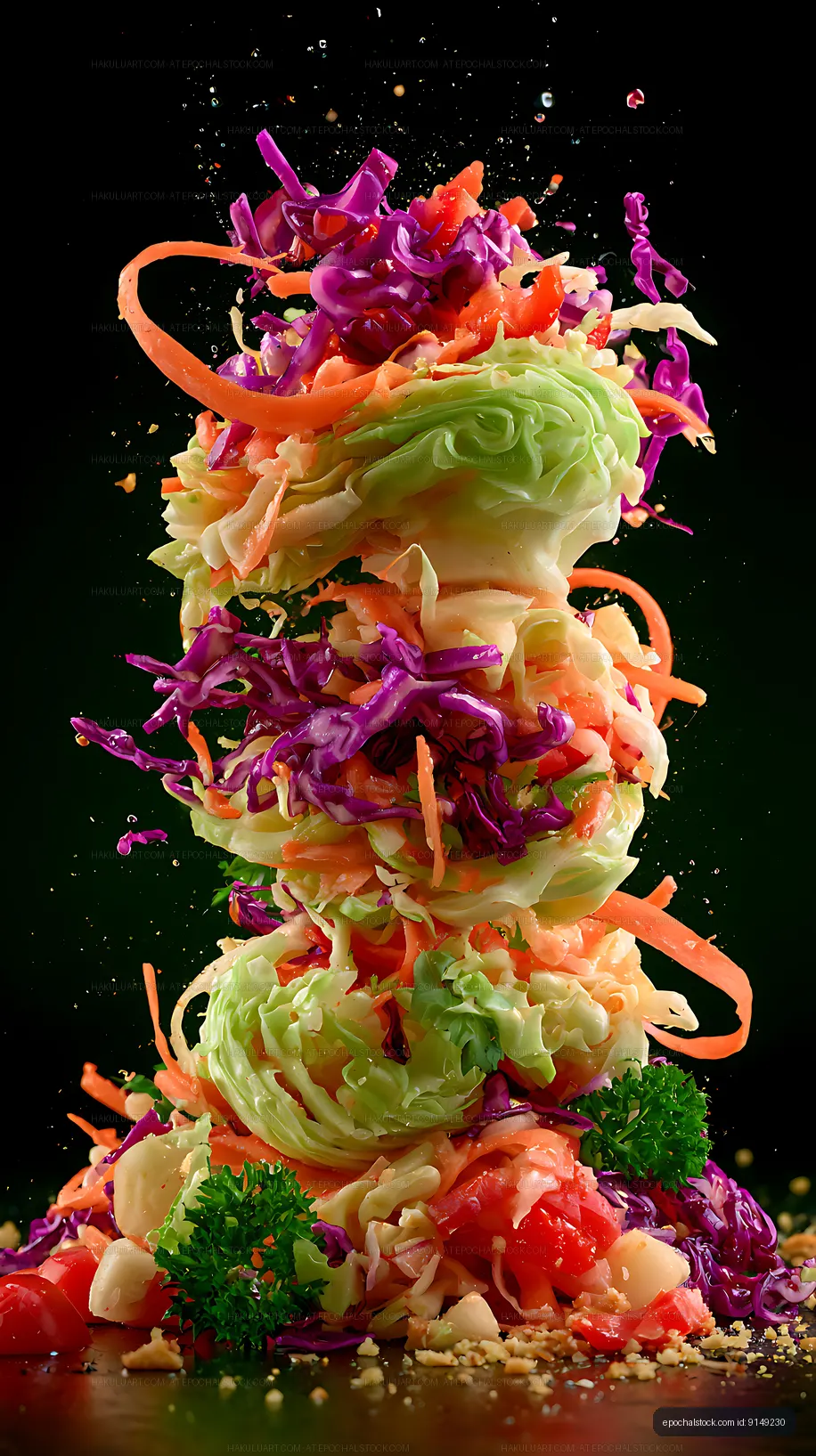 Dramatic colorful vegetable salad tower on black background