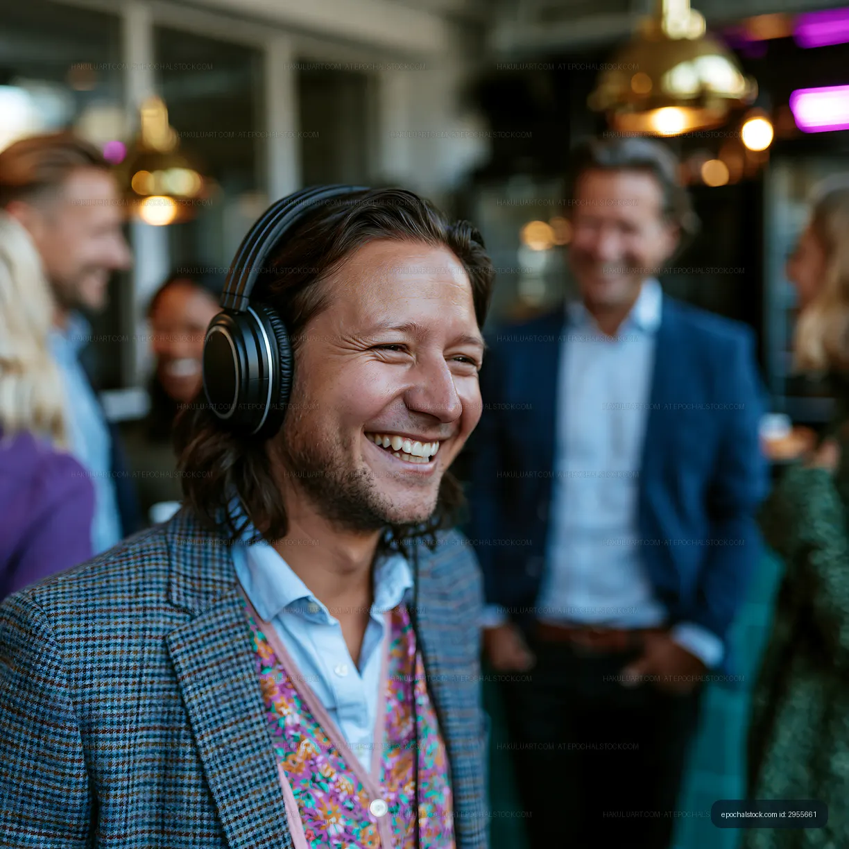 Joyful headphone-wearing man among people indoors