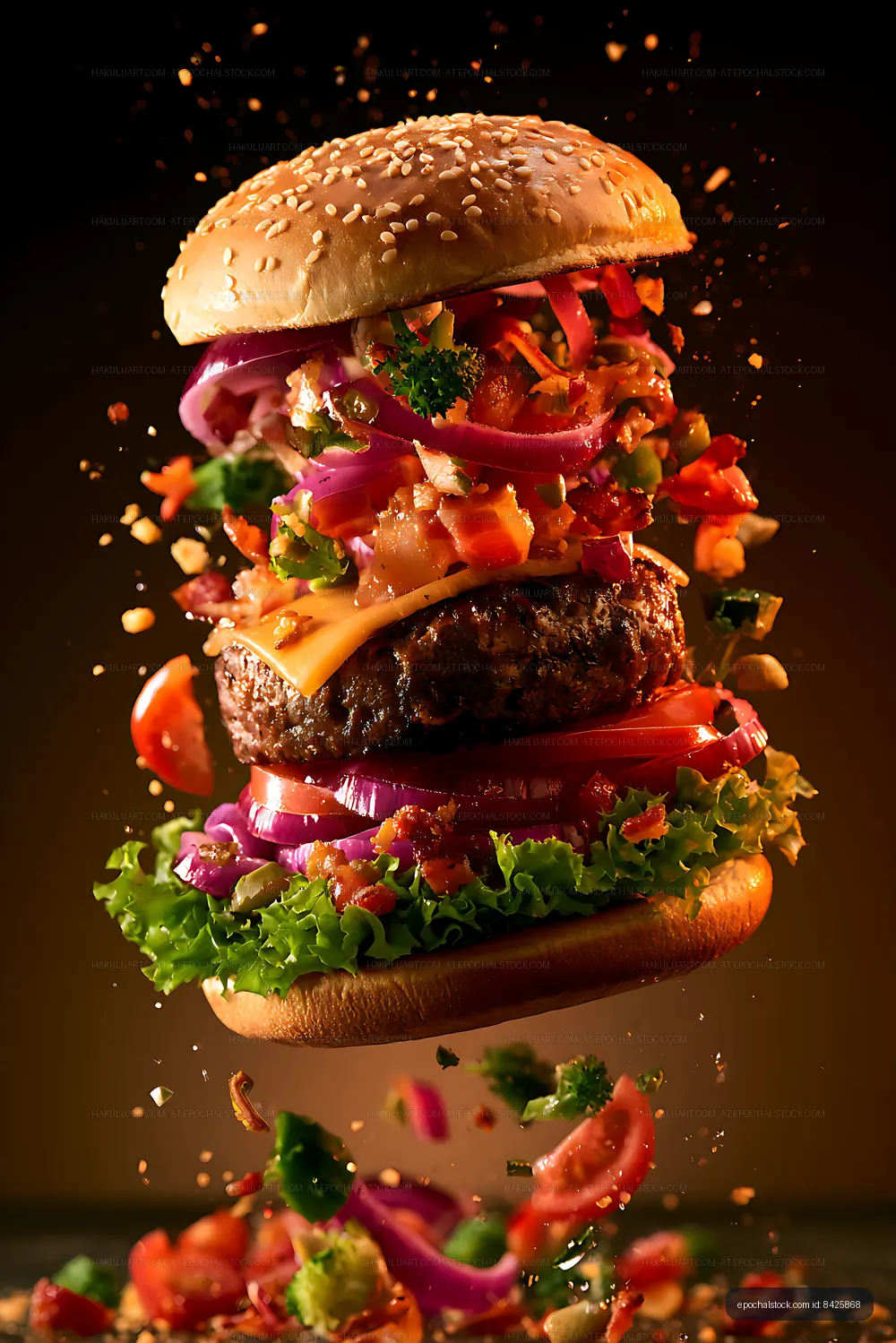 Towering cheeseburger with flying vegetables on dark background
