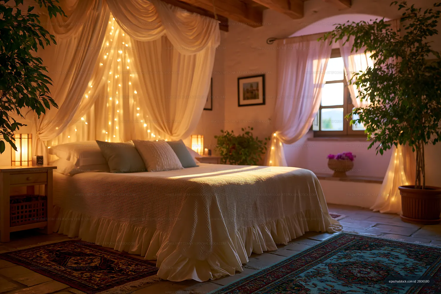 Elegant cozy bedroom illuminated by soft string lights