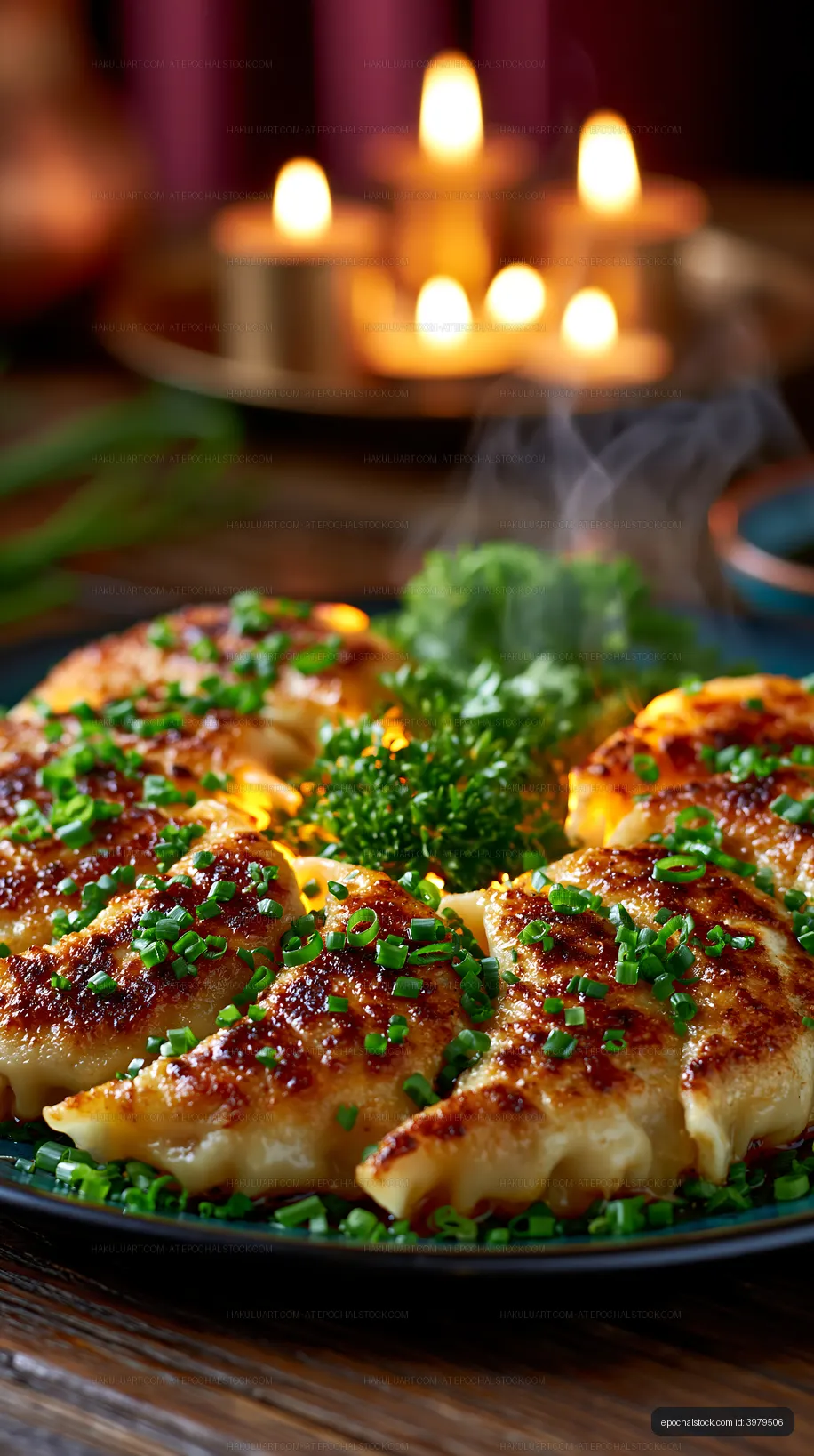 Golden glazed dumplings with green onion garnish and candlelight