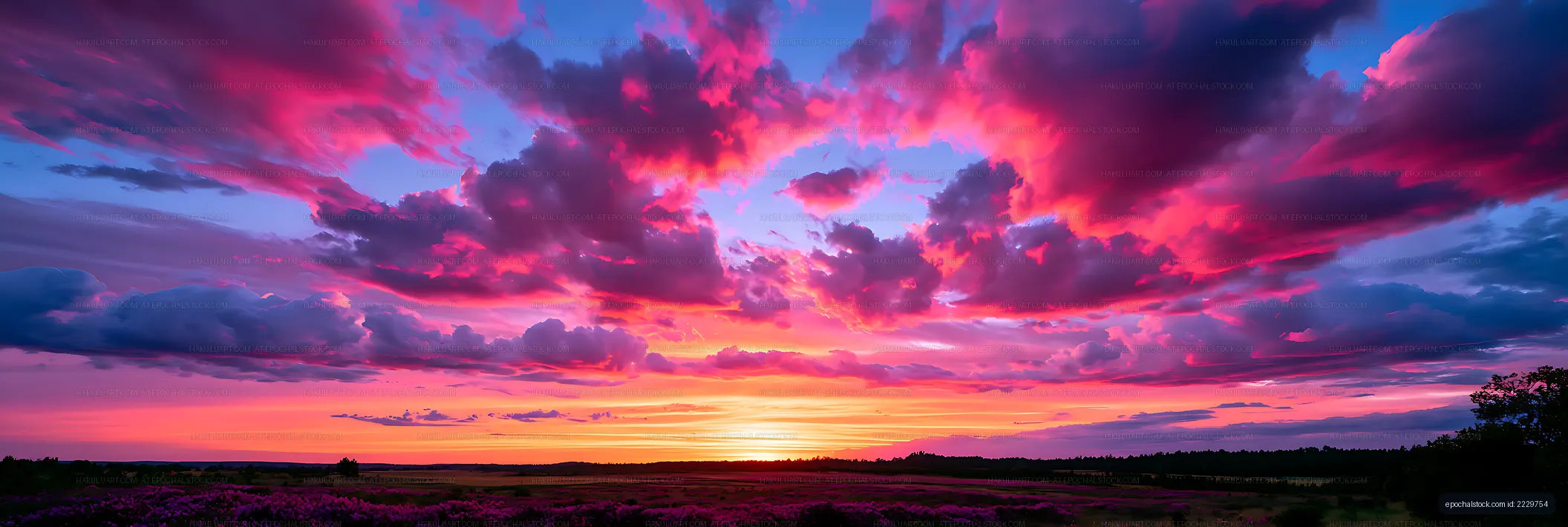 Dramatic Pink and Purple Clouds at Sunset Over Open Fields