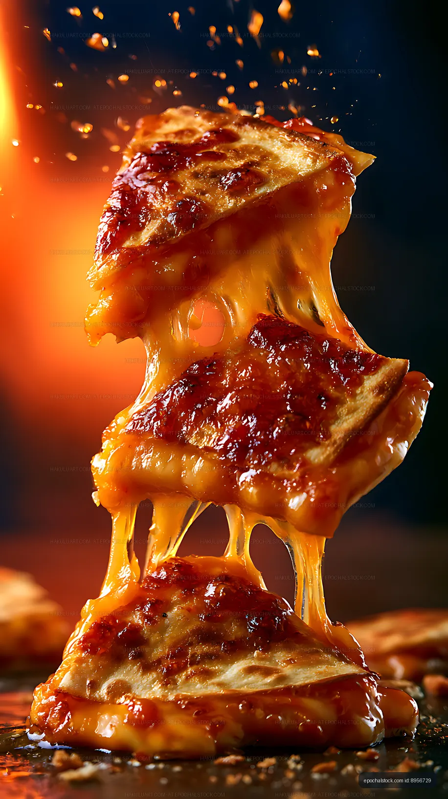 Dramatic stacked pizza slices with molten cheese