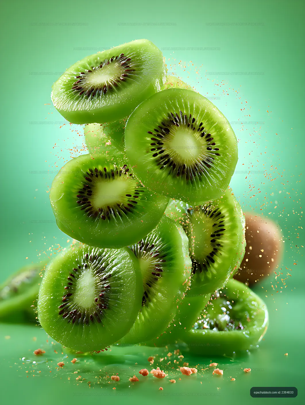 Close-up kiwi slices with seeds and scattered crumbs