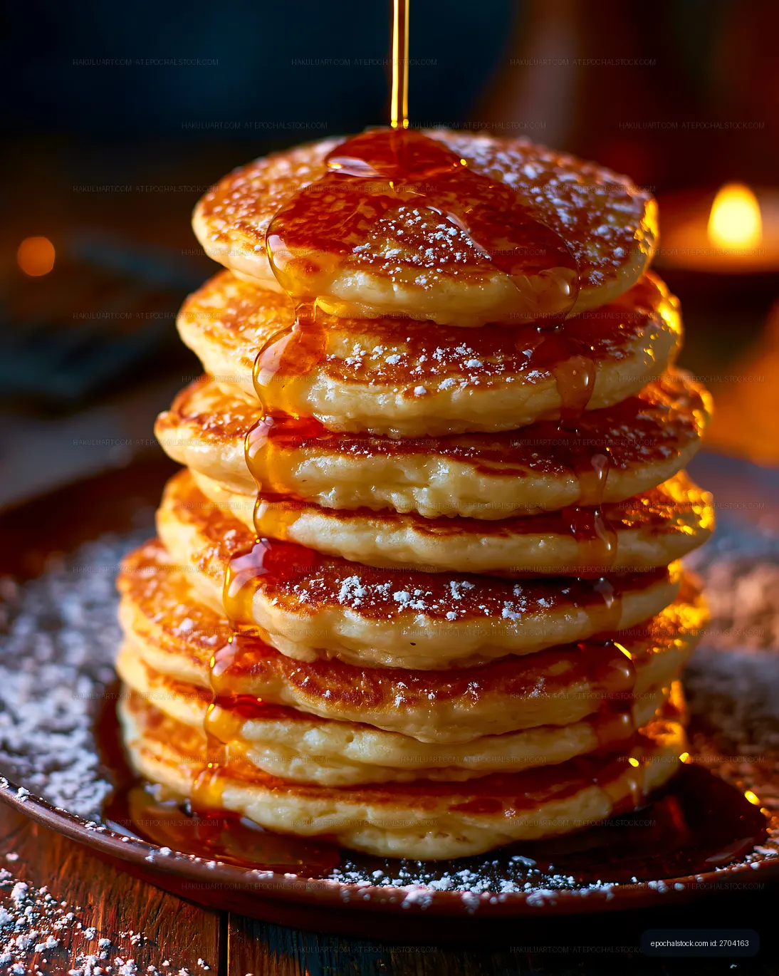 Close-up stack of pancakes with glossy maple syrup