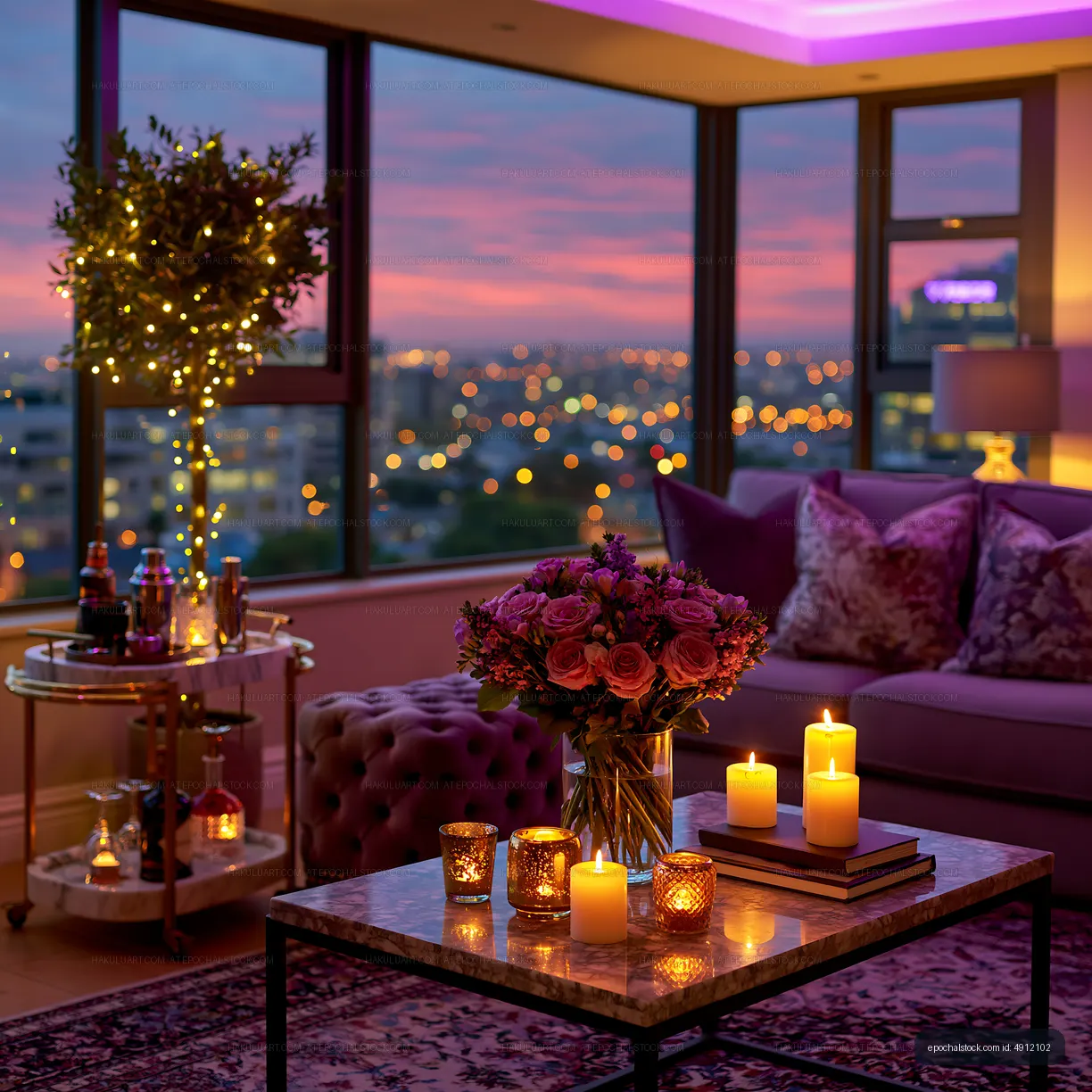 Candlelit living room with floral centerpiece and city lights