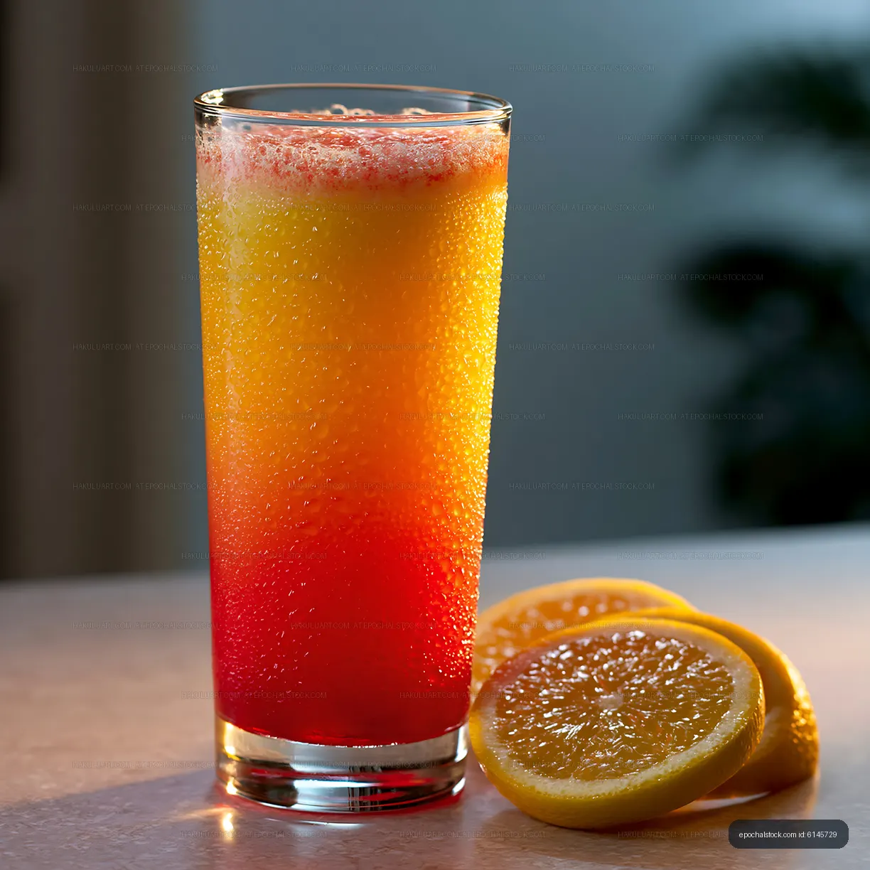 Layered citrus drink with fresh fruit slices