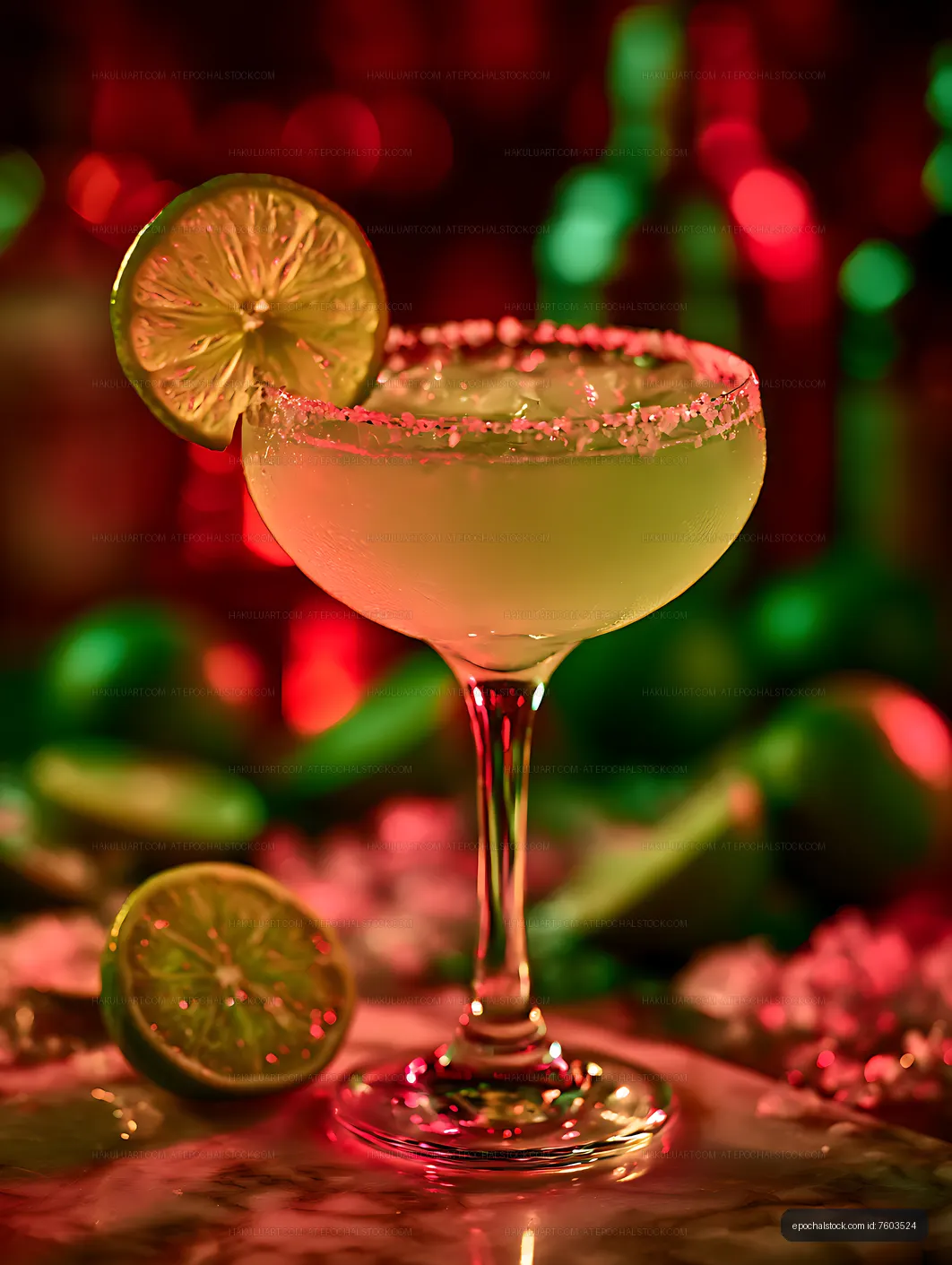 Lime cocktail with colorful bokeh background