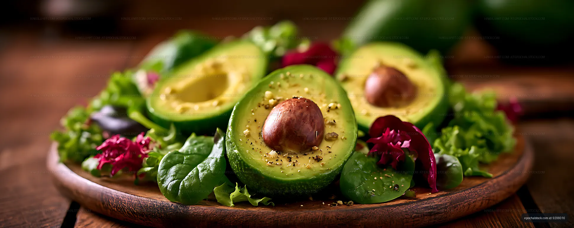 Seasoned avocado halves with greens and edible flowers