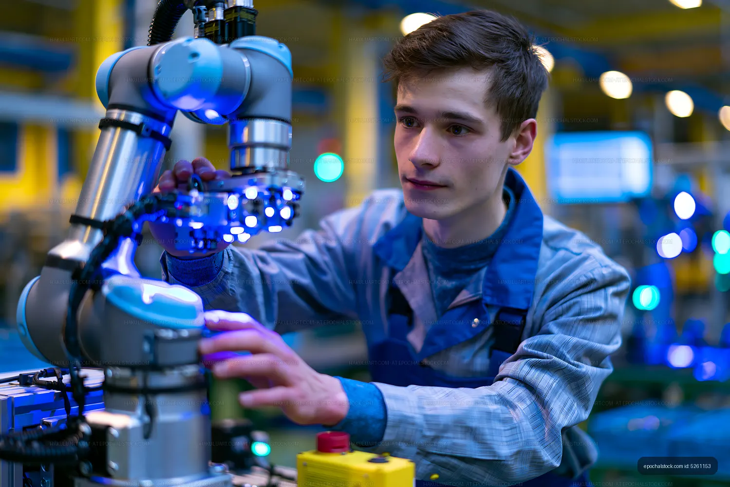 Engineer operating collaborative robot in modern industrial facility