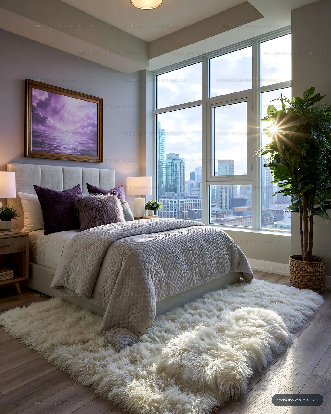 Modern bedroom with city view and natural light