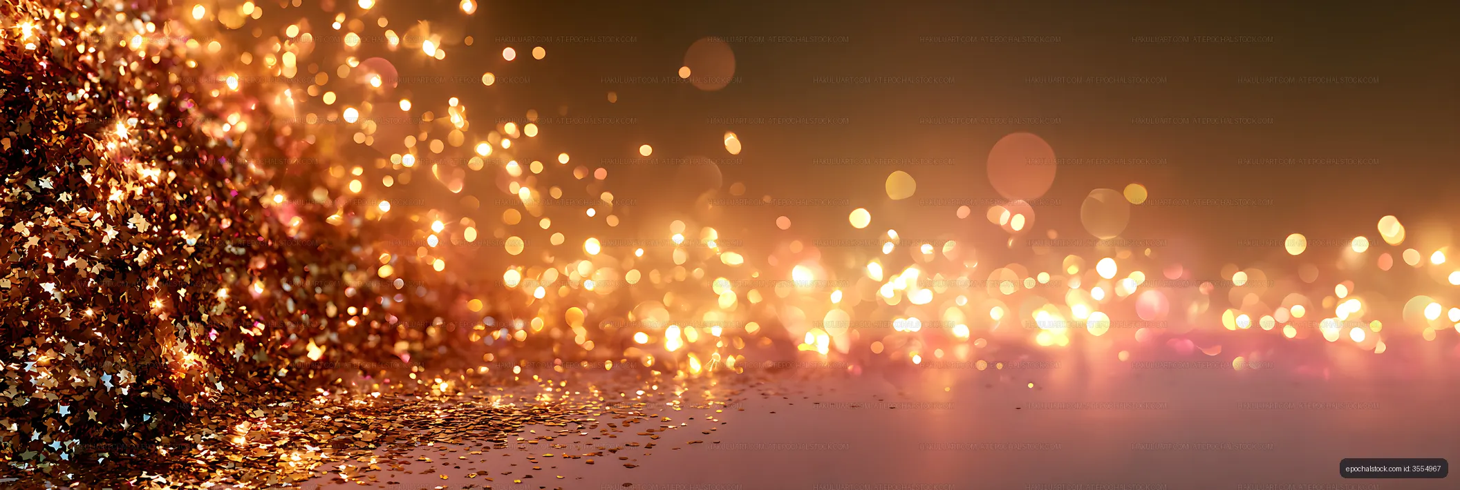 Golden glitter and glowing bokeh on reflective surface