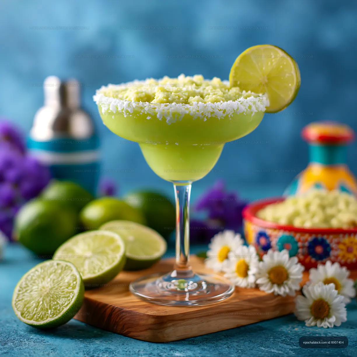 Refreshing margarita with lime and colorful decorations