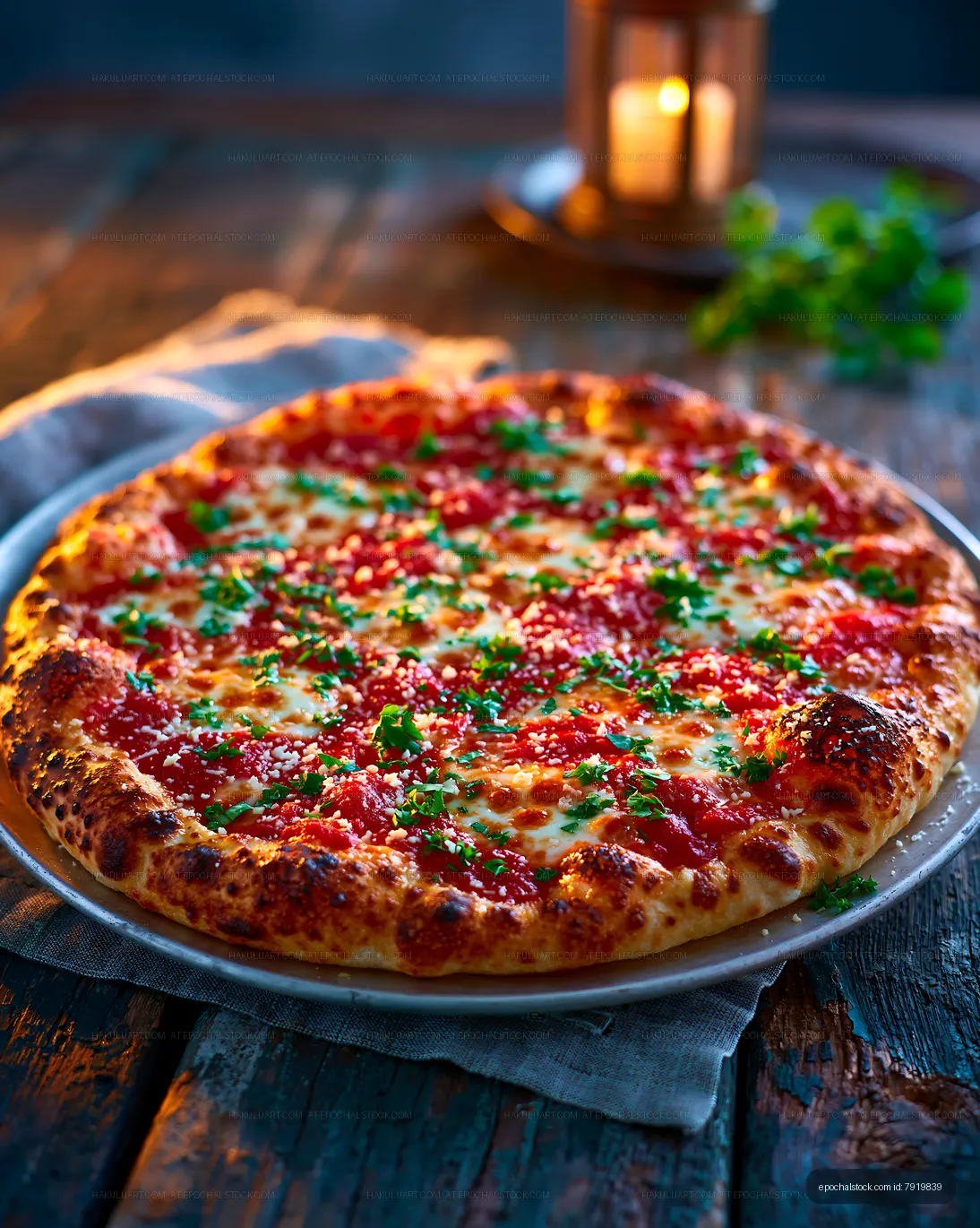 Round cheese pizza with tomato and herbs in warm light