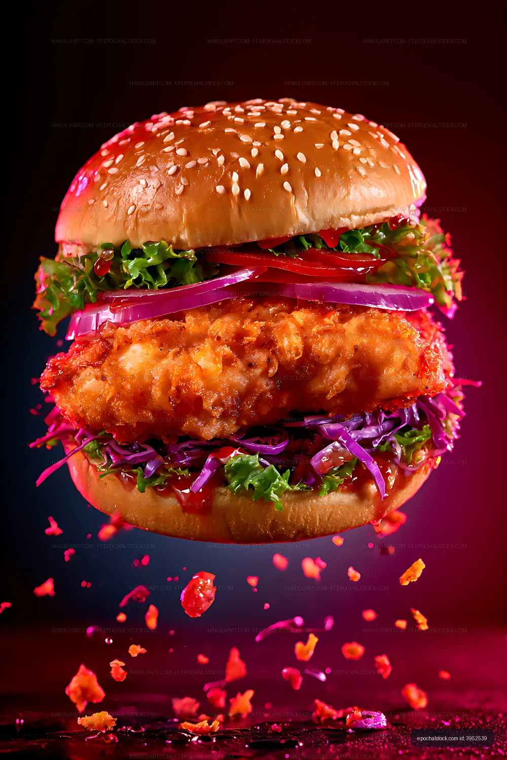 Loaded crispy chicken burger on a dramatic dark background