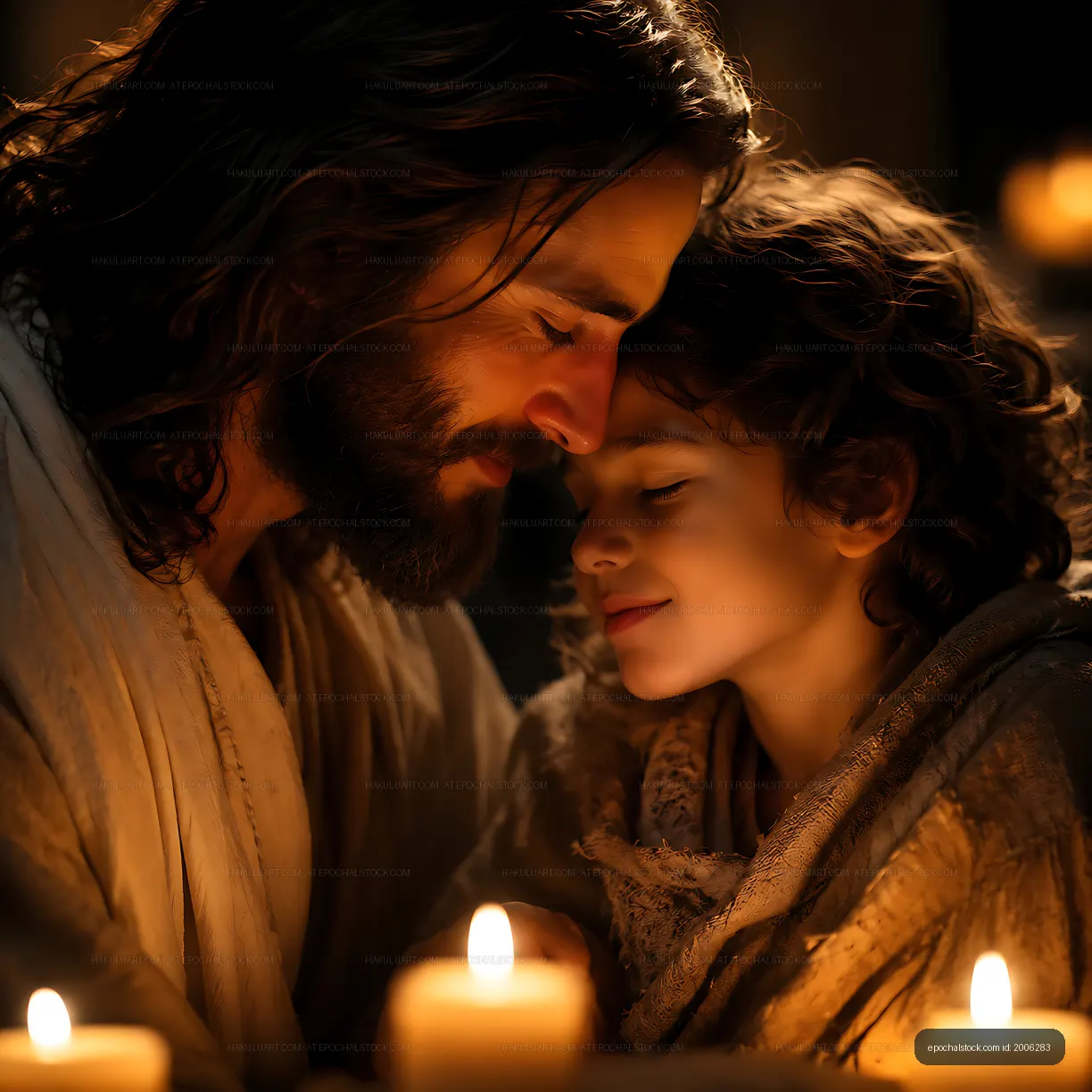 Father and son share moment in candlelight