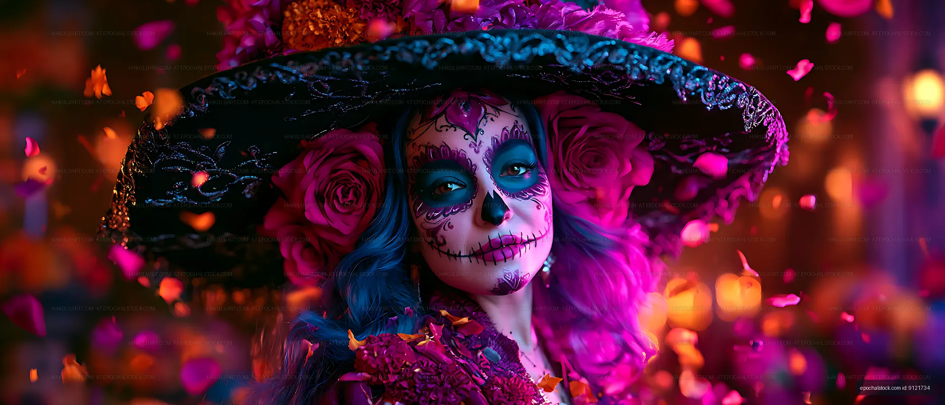 Dramatic sugar skull makeup portrait surrounded by flowers