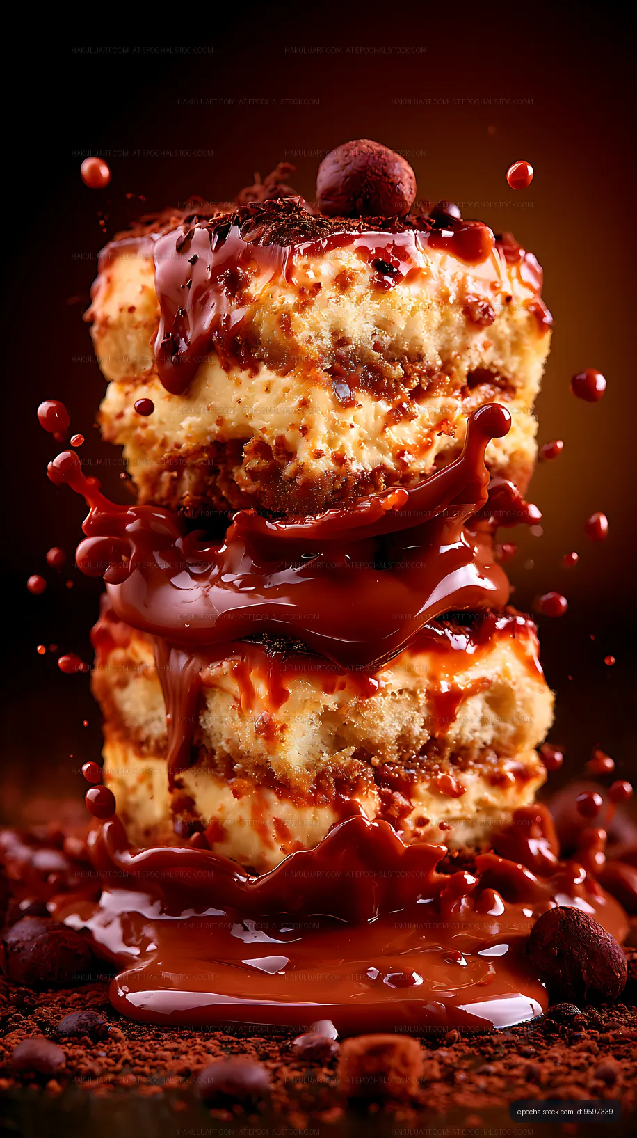 Dramatic close-up of a chocolate-covered layered dessert