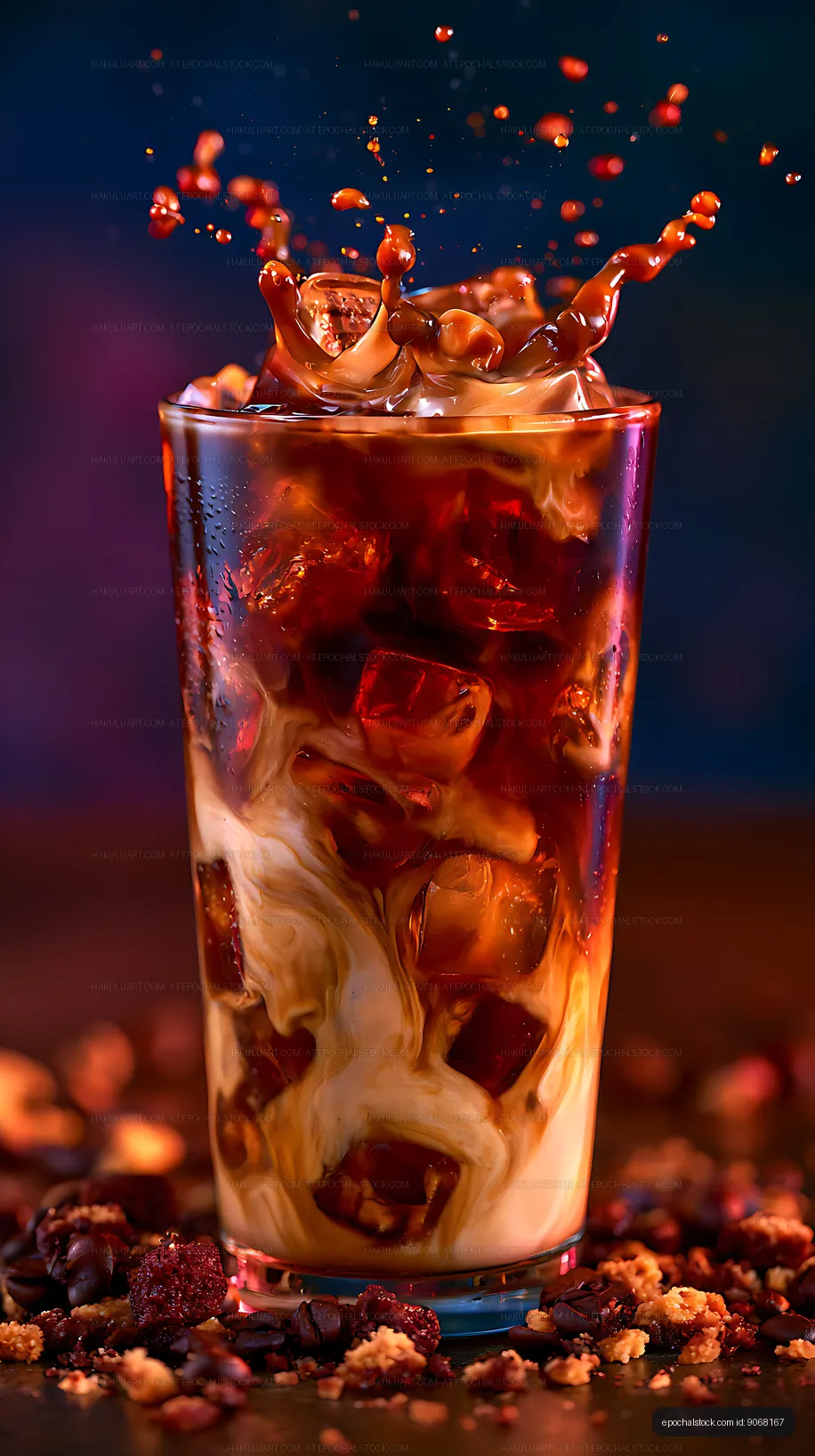 Dramatic iced cola splash with cream in a glass