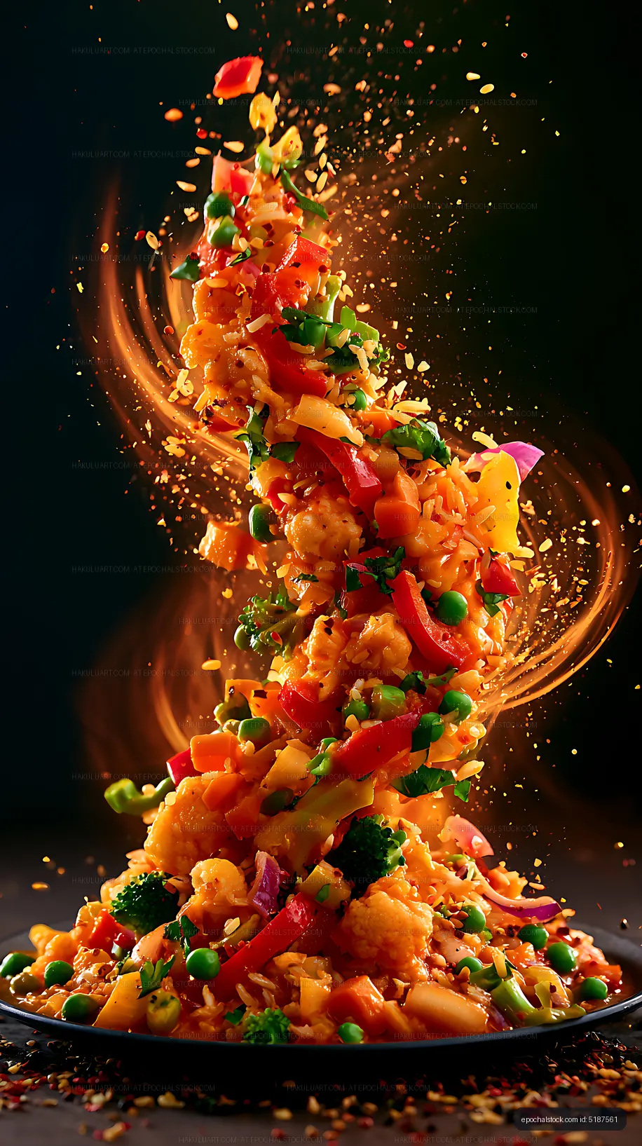 Vegetable rice dish with ingredients suspended in motion