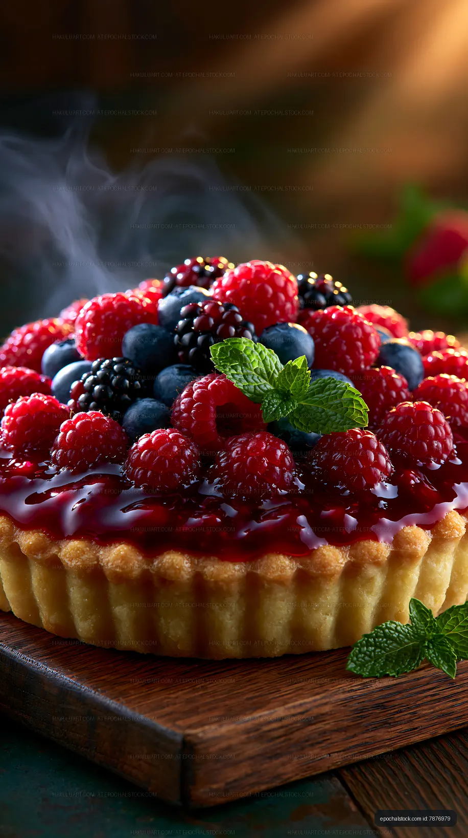 Raspberry and mixed berry tart with fresh mint garnish