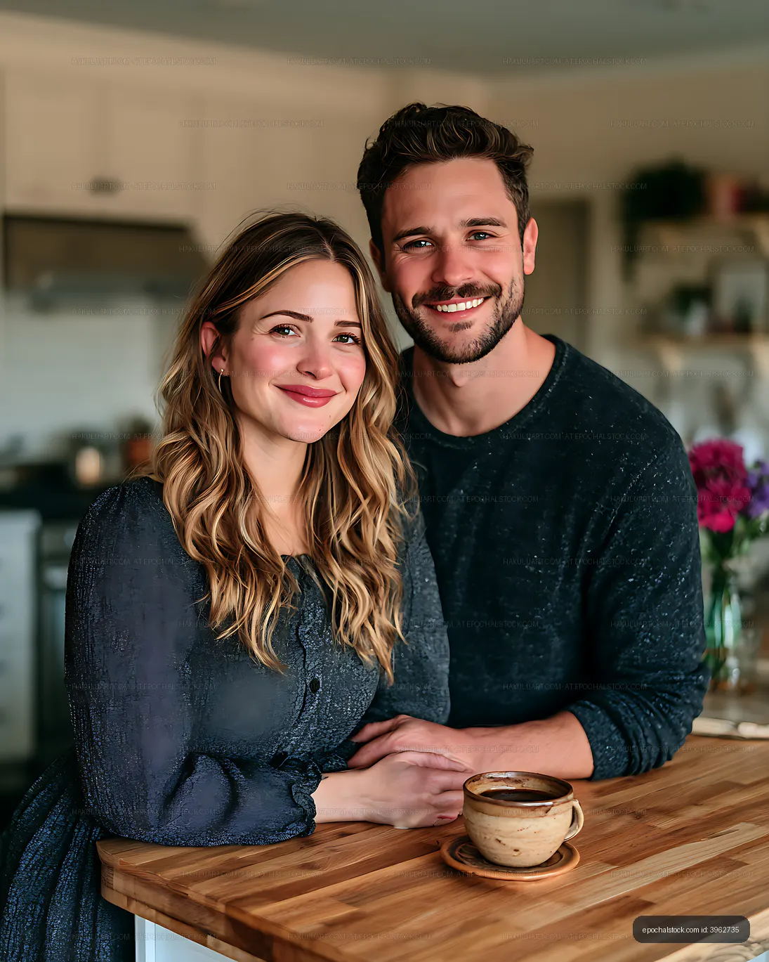 Smiling couple posing beside coffee at home