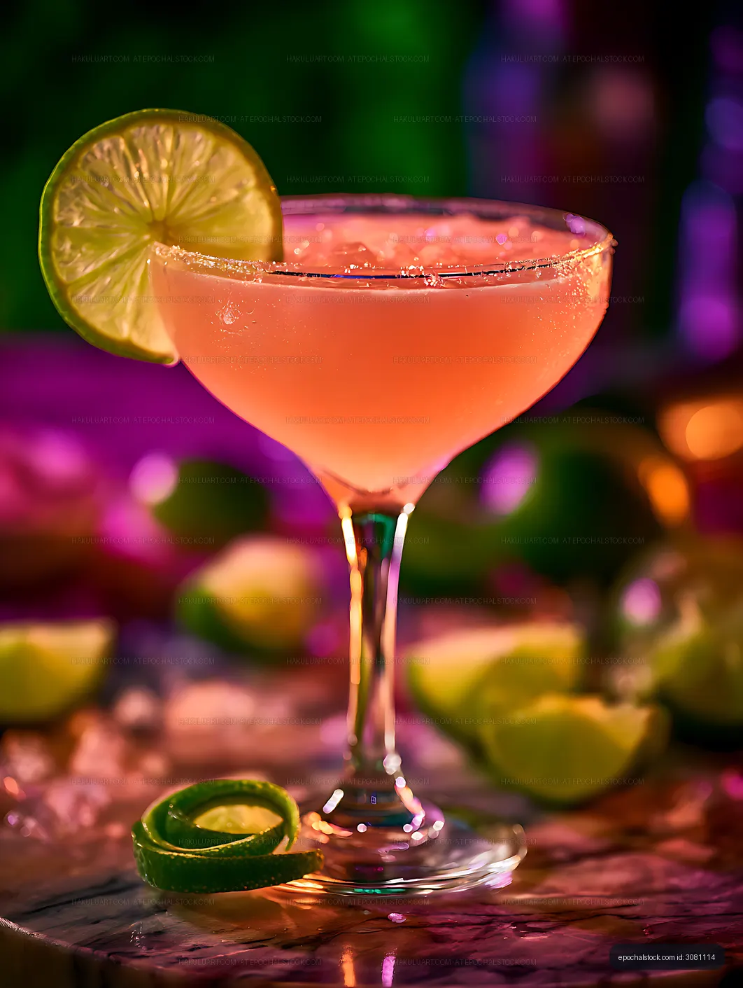 Pink lime cocktail under colorful lights