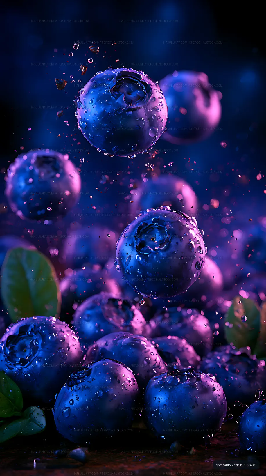 Dew-covered blueberries glowing under blue and pink light