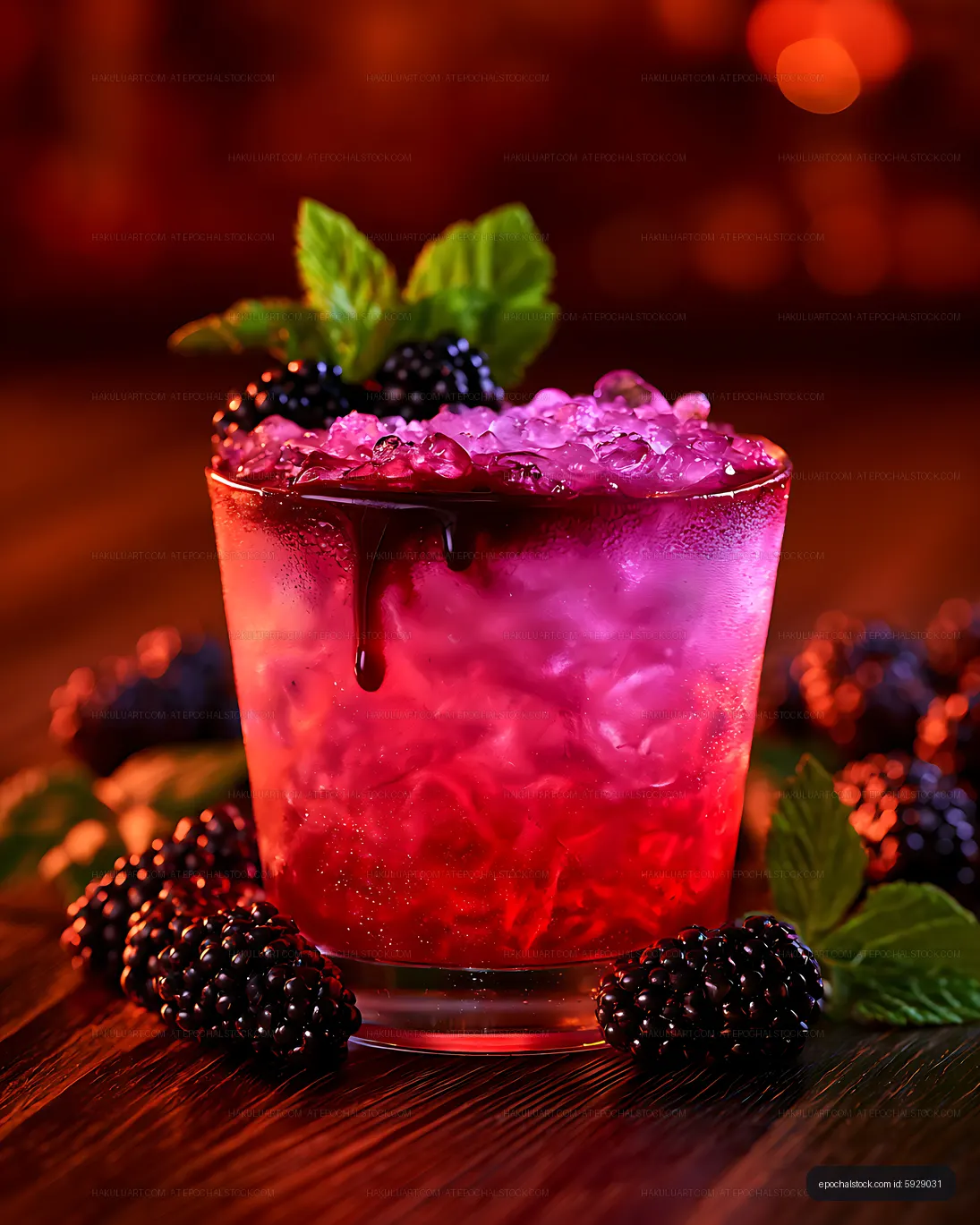 Colorful blackberry refreshment with crushed ice and mint
